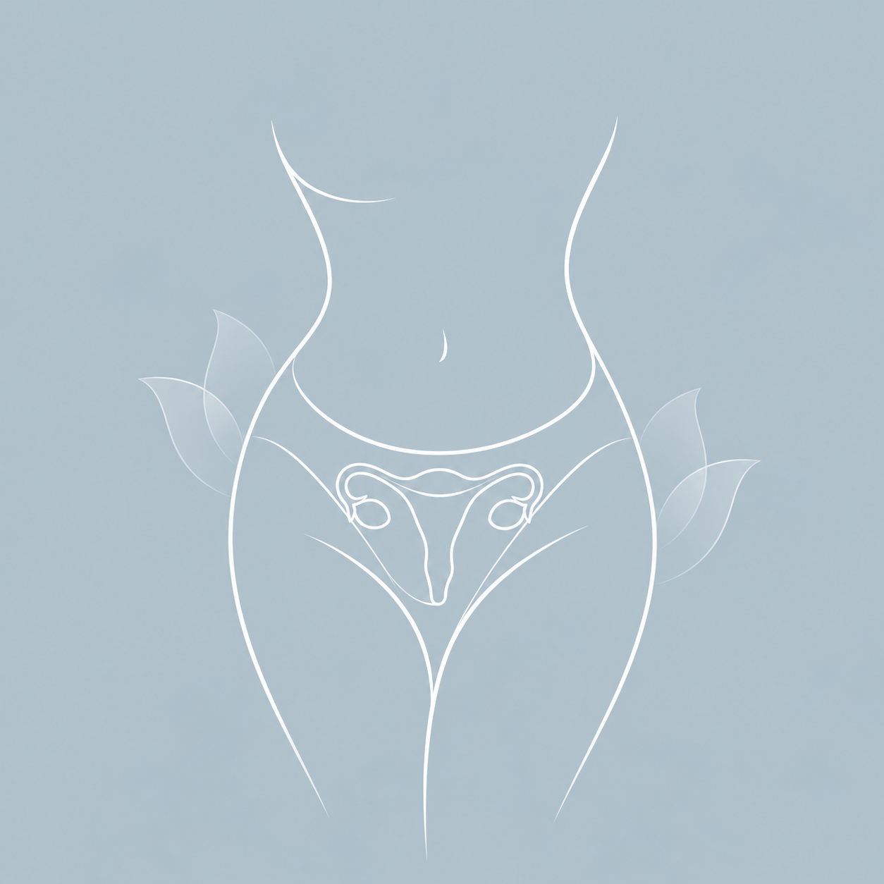 Line-art illustration of a female torso with the uterus outlined, framed by soft leaves