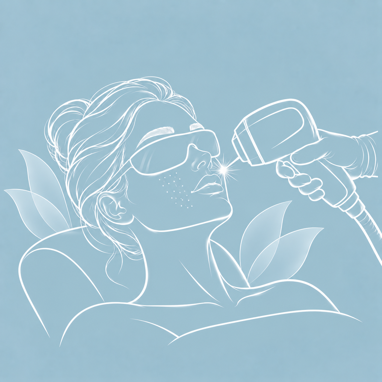 Line-art illustration of a woman in protective eyewear receiving a laser facial treatment