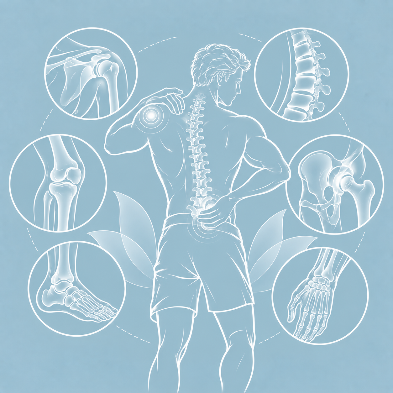 Line-art illustration of a man's spine and joints with magnified shoulder, knee, hip and ankle details