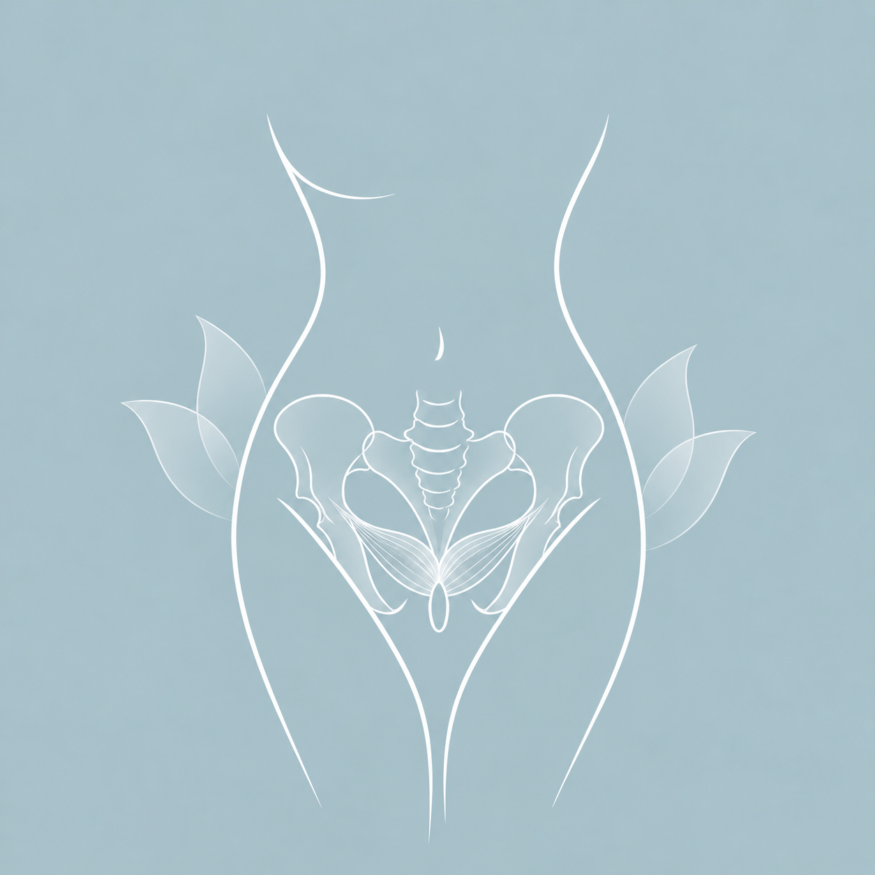 Line-art illustration of a female torso with the pelvic bones outlined, framed by soft leaves