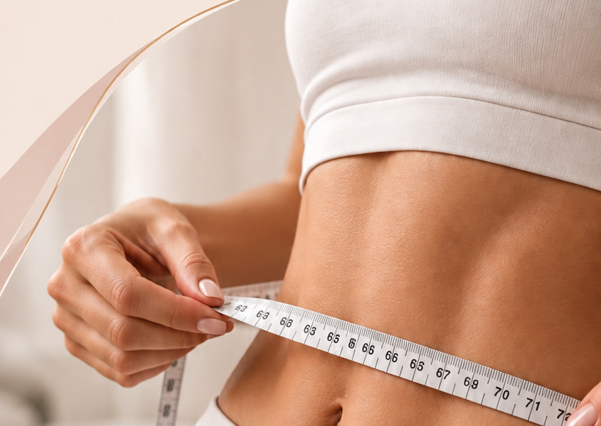 A woman measuring her toned waist with a tape measure