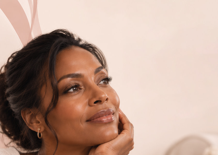 A smiling woman with deep skin tone resting her chin on her hand in a bright, cream-toned room