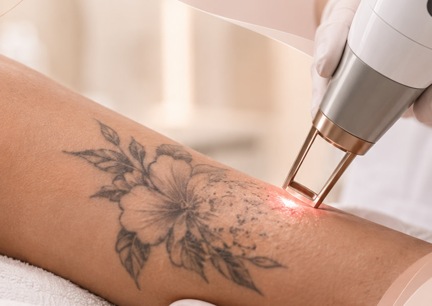 A laser handpiece being used to fade a floral tattoo on a client's arm