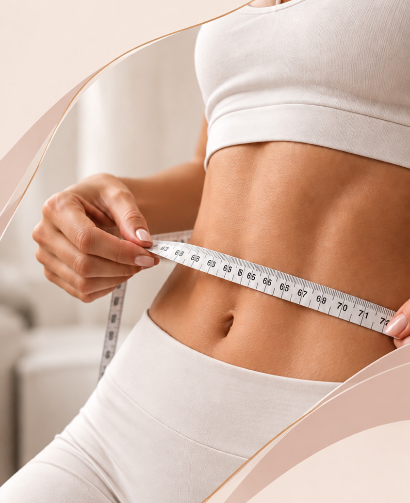 A woman measuring her toned waist with a tape measure