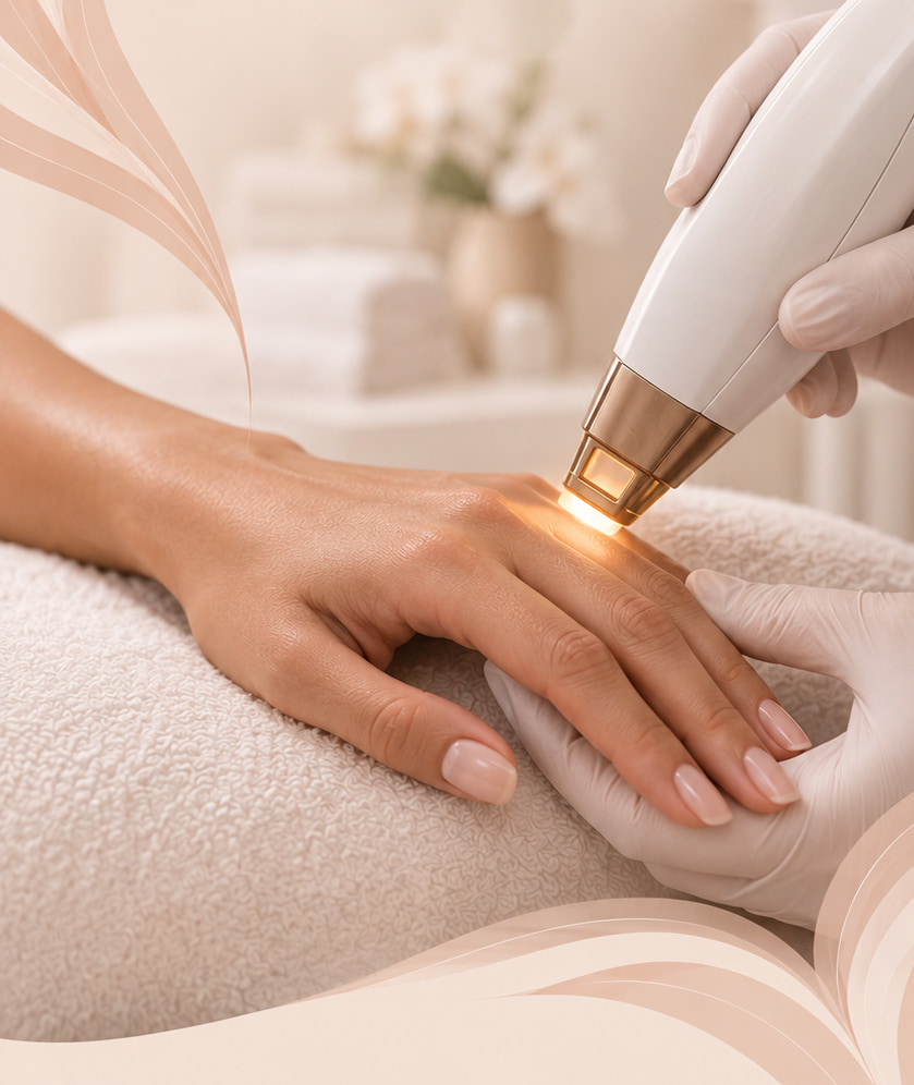 A laser handpiece being applied to the back of a client's hand in a cream-toned clinic