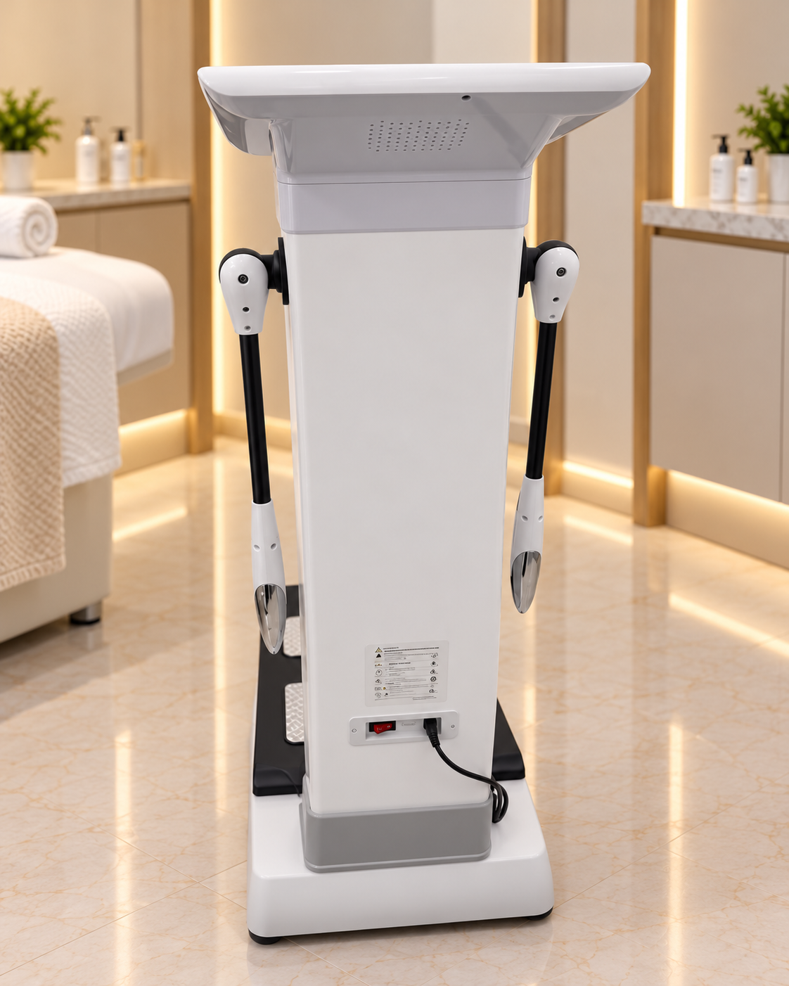 Rear view of the PLUS253 body composition analyser, showing its column and hand grips