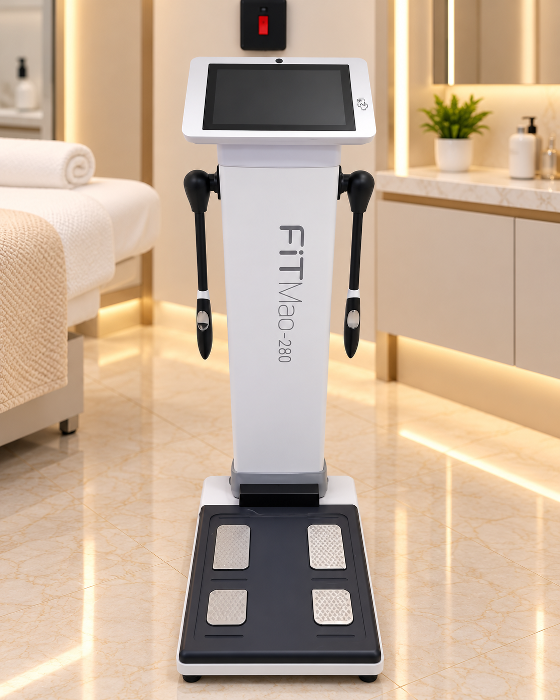 Front view of the PLUS253 body composition analyser, a standing platform with foot plates, hand grips and a touchscreen