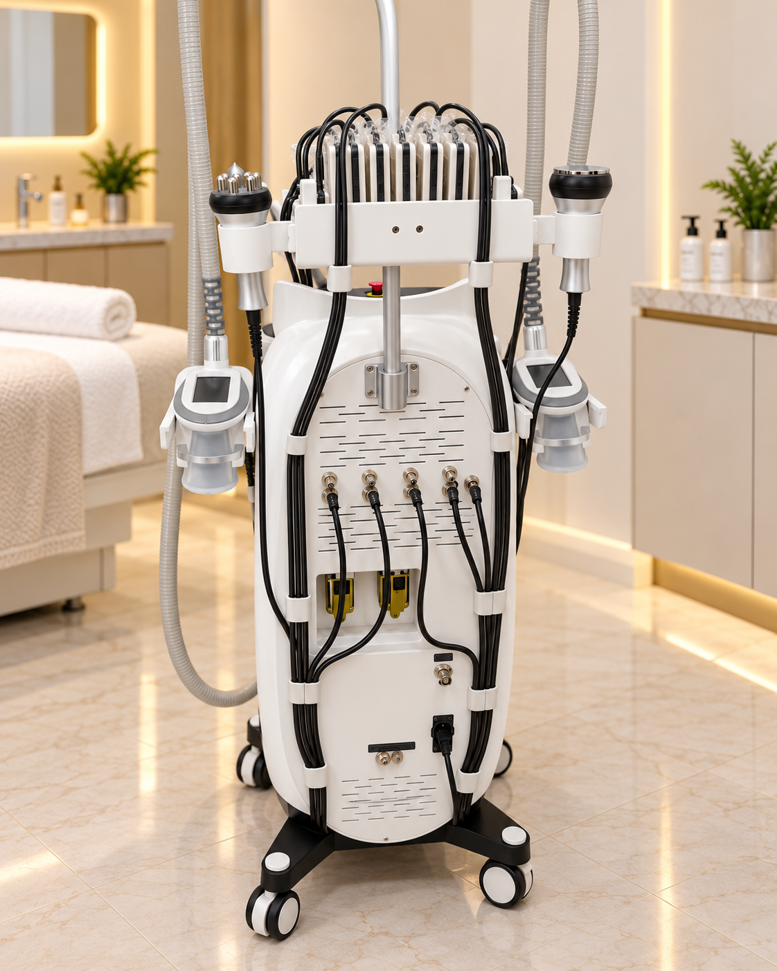 Rear view of the same PLUS253 body treatment equipment, showing its handpieces and cable connections