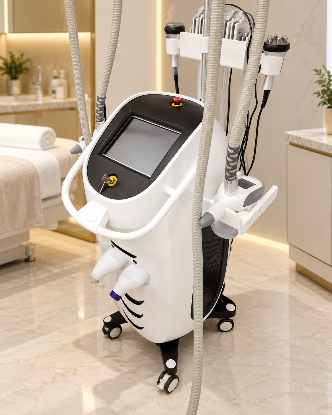 Front view of PLUS253 body treatment equipment with several handpieces, pending identification