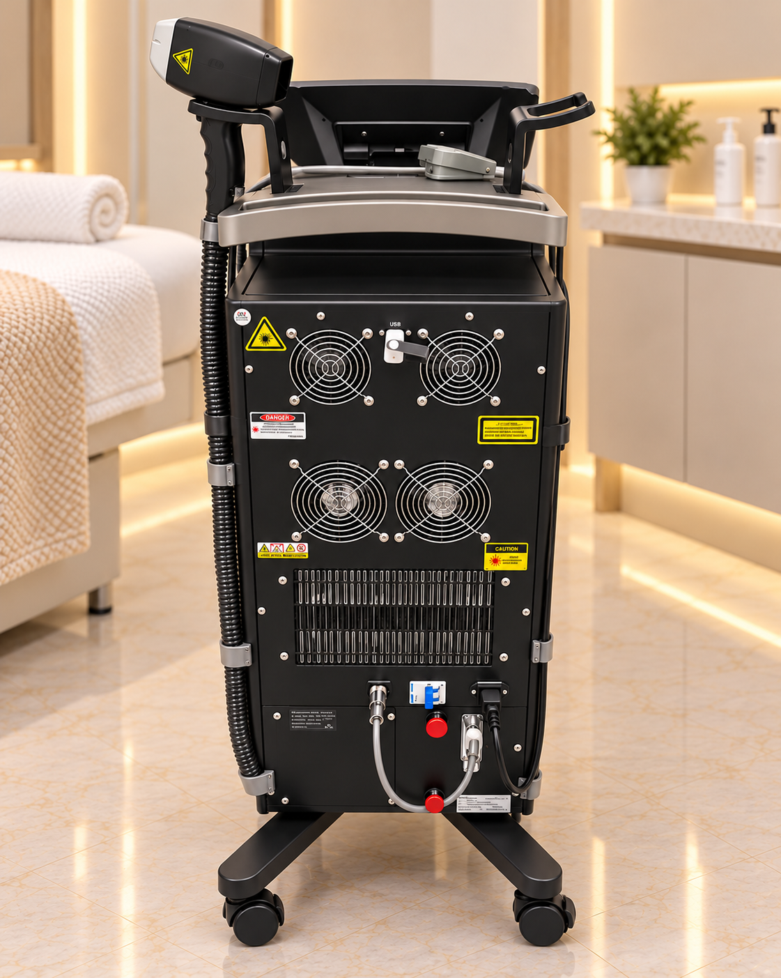 Rear view of the PLUS253 diode laser hair reduction system, showing its cooling fans and handpiece cable