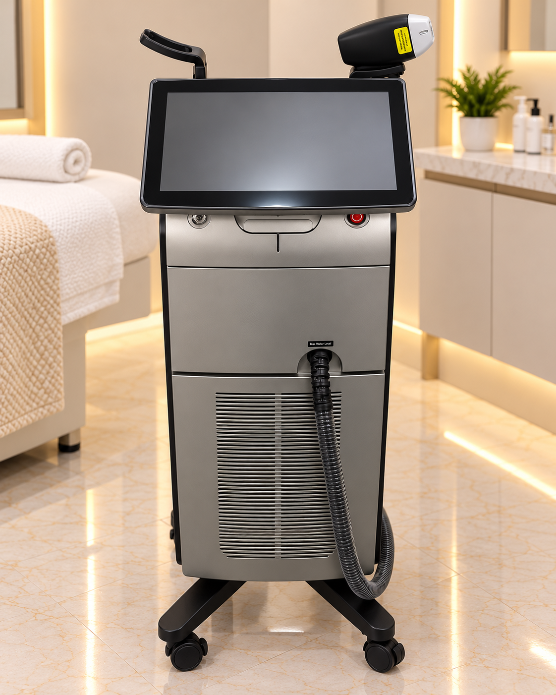 Front view of the PLUS253 diode laser hair reduction system, with its touchscreen and treatment handpiece