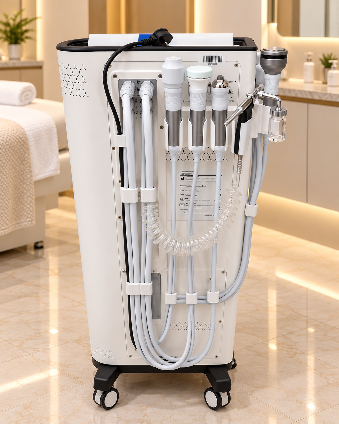 Rear view of the PLUS253 hydrodermabrasion facial system, showing its handpieces and hoses neatly mounted