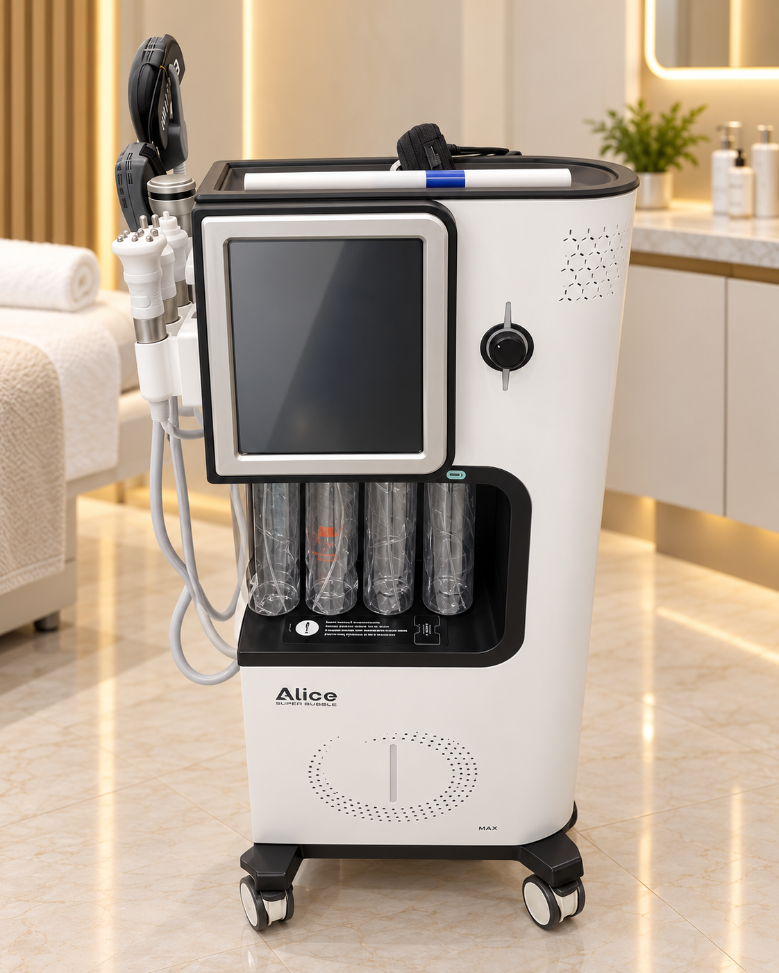 Front view of the PLUS253 hydrodermabrasion facial system, with its touchscreen, solution bottles and handpieces