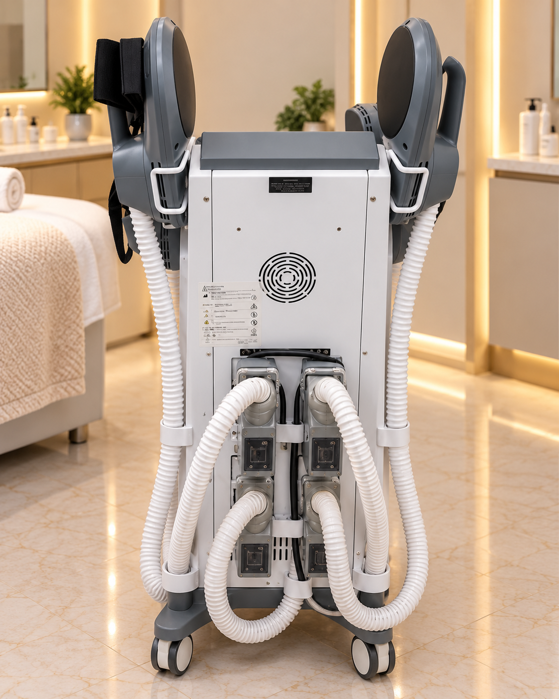 Rear view of the PLUS253 muscle stimulation system, showing its applicator connections and hoses