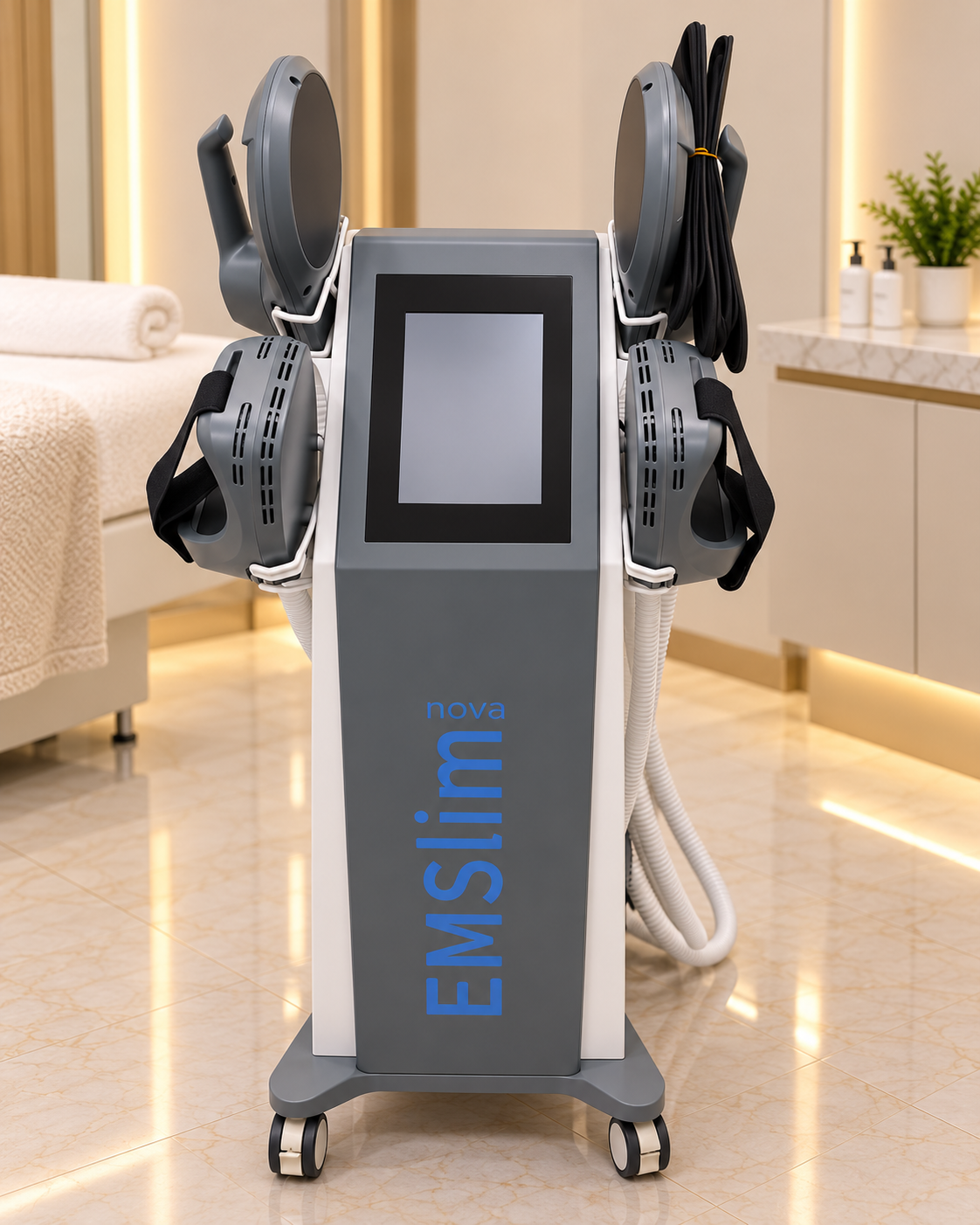 Front view of the PLUS253 muscle stimulation system, with its touchscreen and four treatment applicators