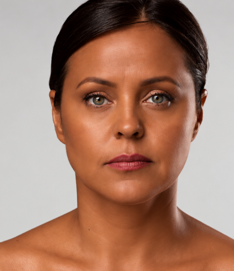 Close-up portrait of the same woman's face with smoother, clearer skin, after treatment