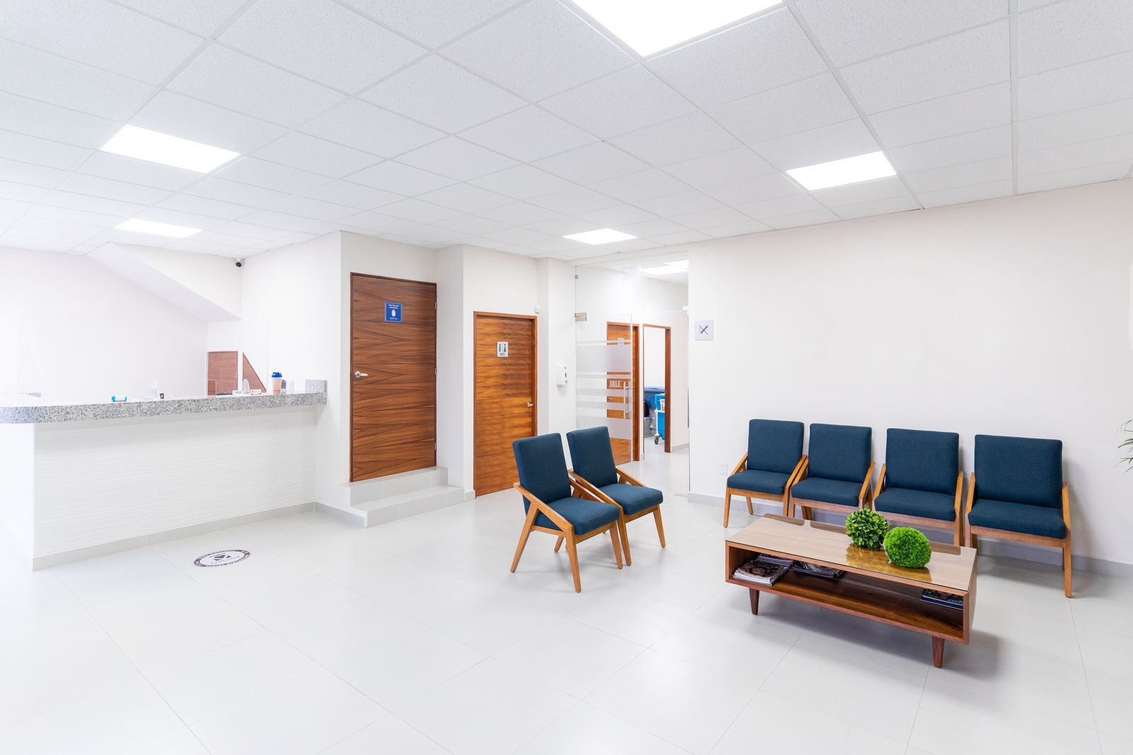 A bright, minimalist clinic waiting area with modern seating