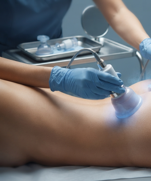 A body-contouring device being applied to a patient's hip and buttock area