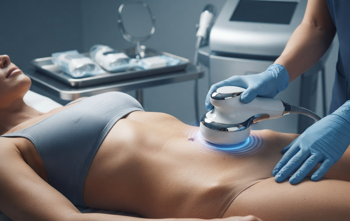 A muscle-toning device being applied to a patient's abdomen