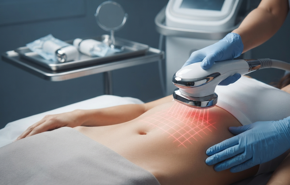 A laser lipolysis device applying a grid pattern to a patient's abdomen