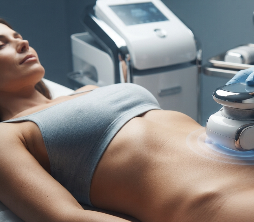 A non-invasive body-contouring device being applied to a patient's abdomen