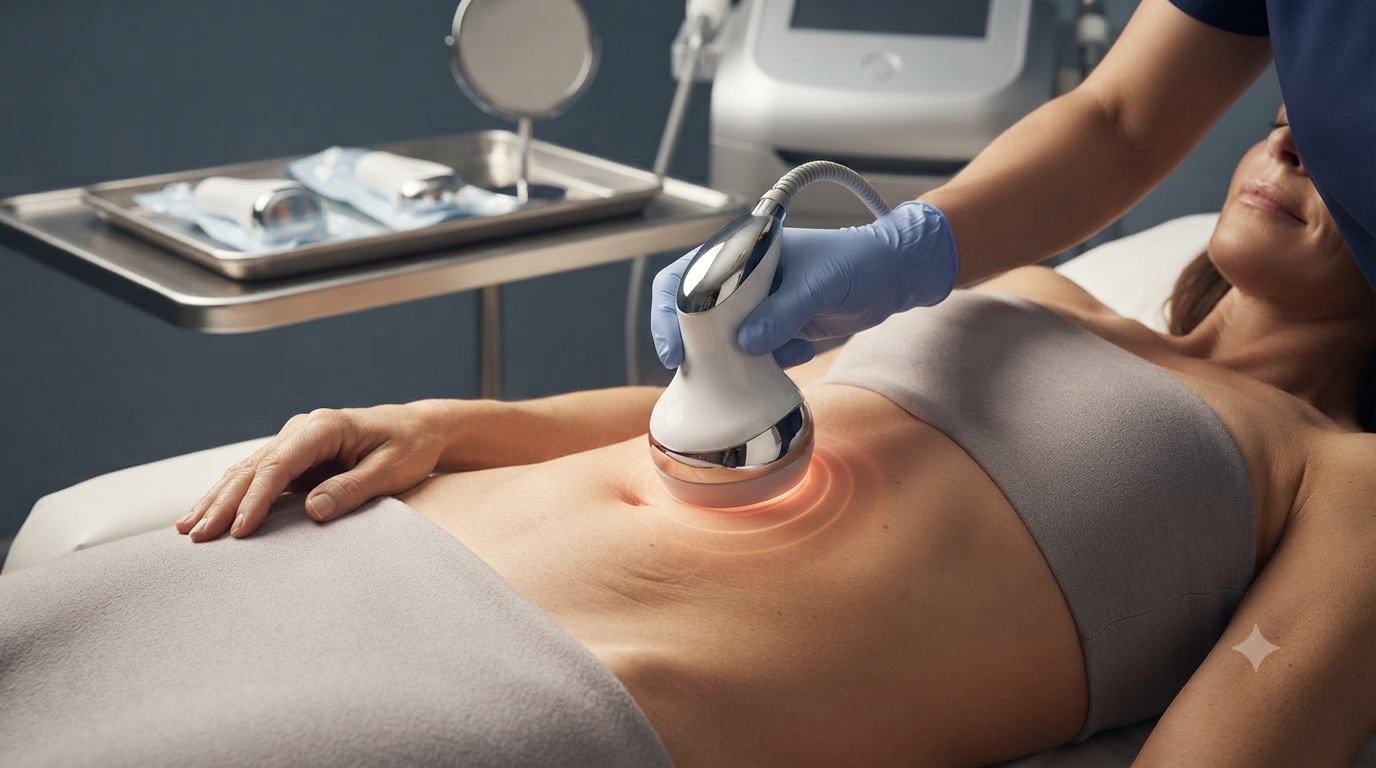 A radiofrequency device being applied to a patient's abdomen for skin tightening