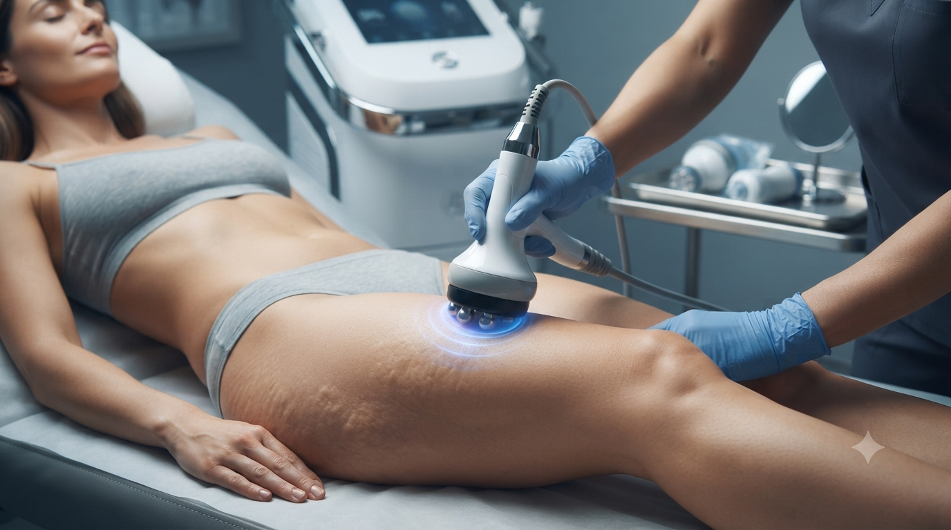 A device treating an area of cellulite on a patient's thigh