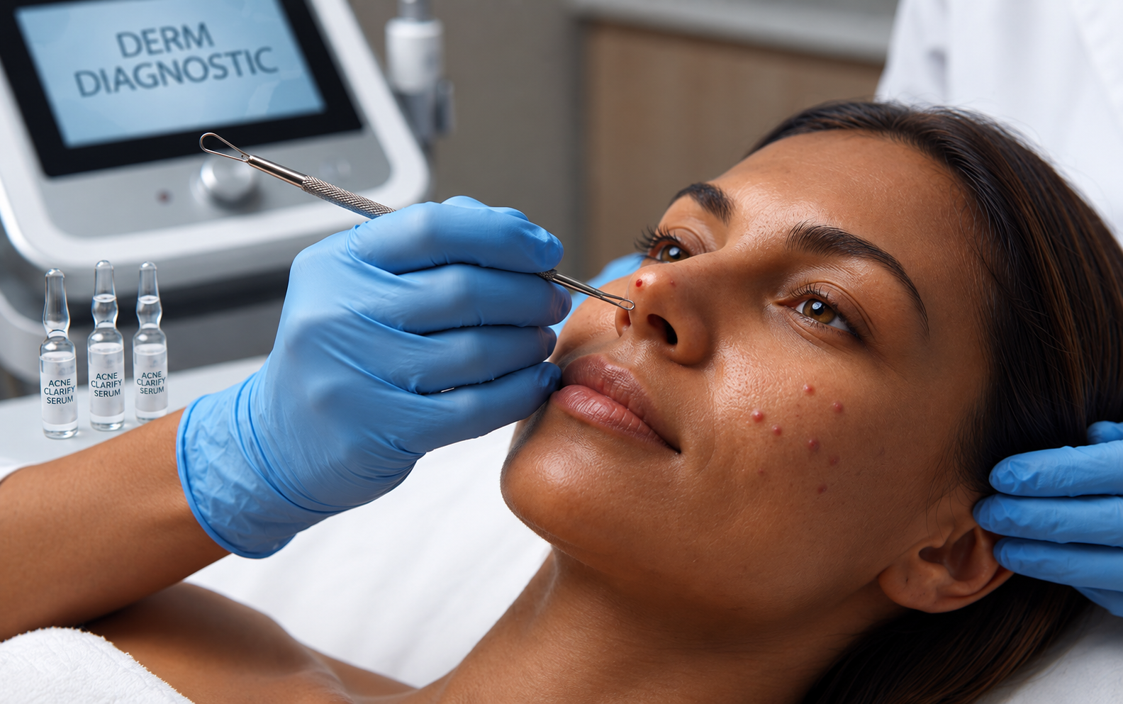A clinician performing an acne extraction on a patient's face