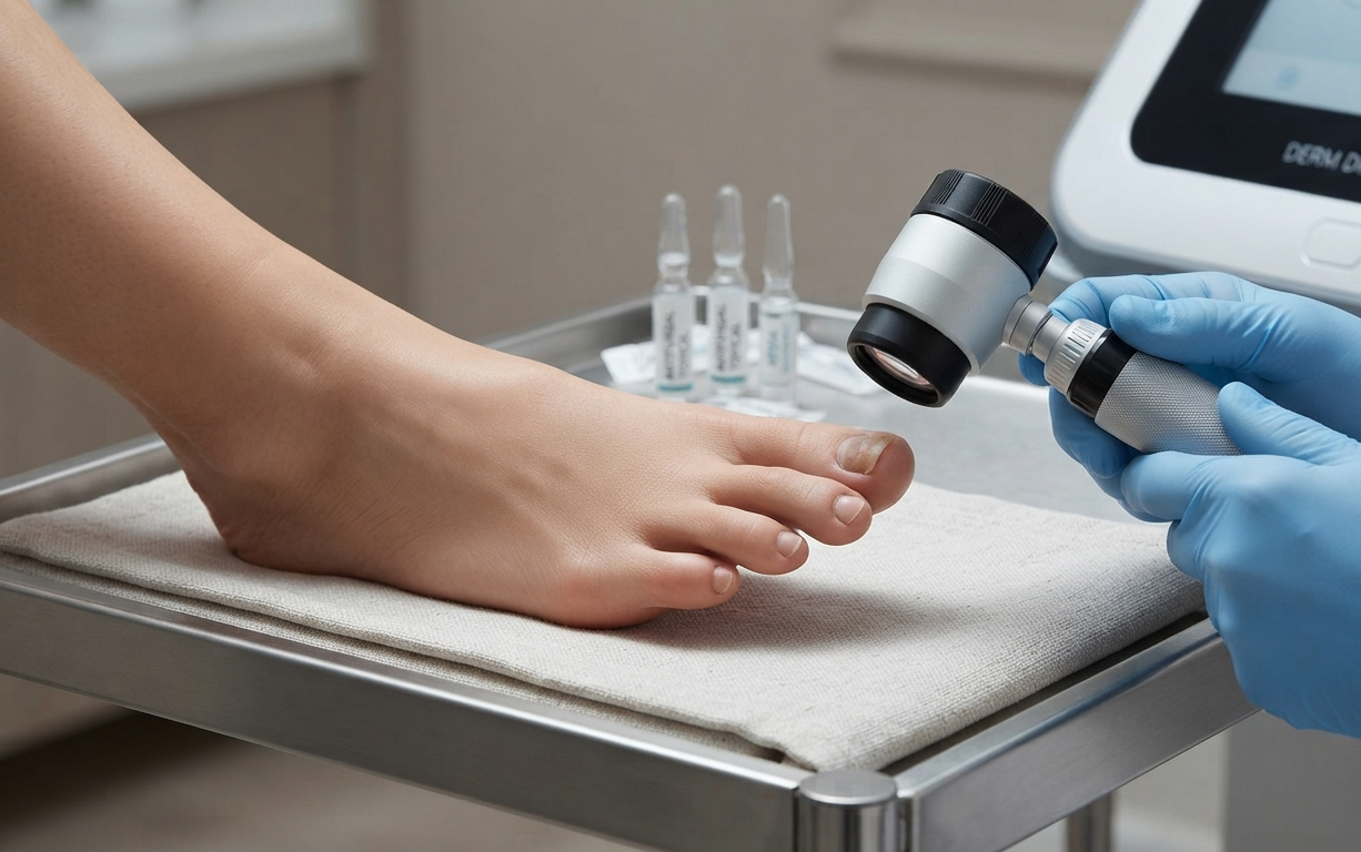 A clinician using a dermatoscope to examine a patient's toenail for a fungal infection