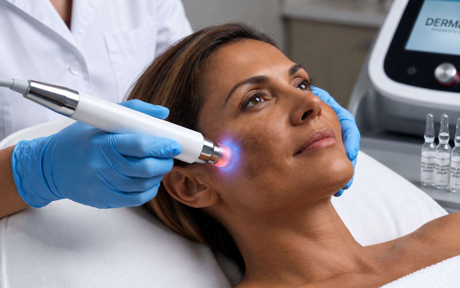 A light-based device being applied to a patient's cheek to treat melasma pigmentation