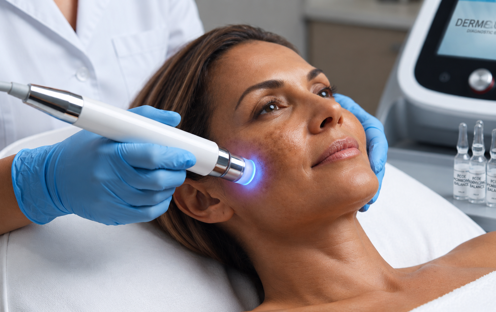 A light-based device being applied to a patient's cheek as part of PCOS-related skin treatment