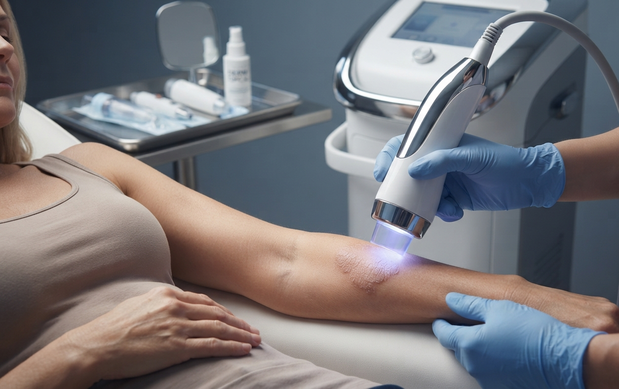A light-based device being applied to a psoriasis patch on a patient's elbow