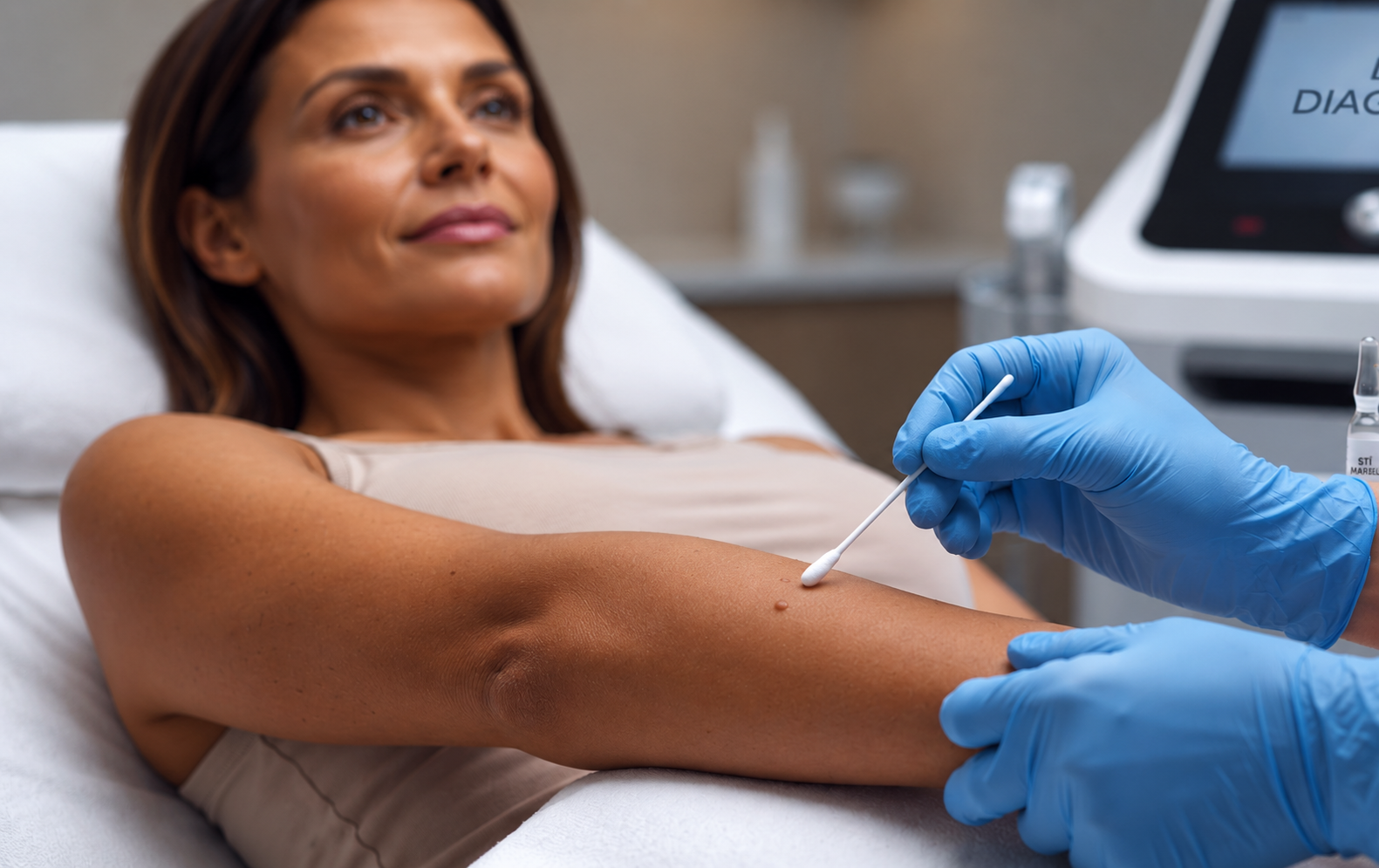 A clinician taking a swab sample from a patient's arm for STI testing