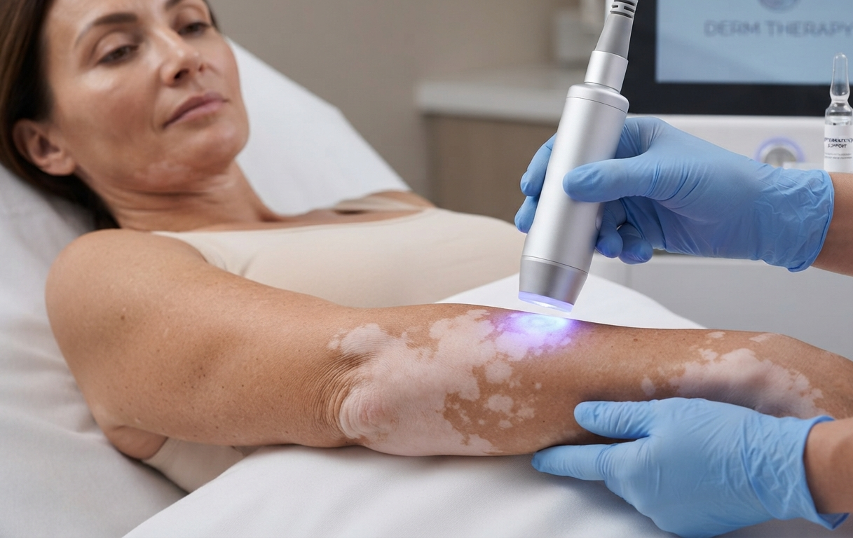 A light-based device being applied to depigmented vitiligo patches on a patient's forearm