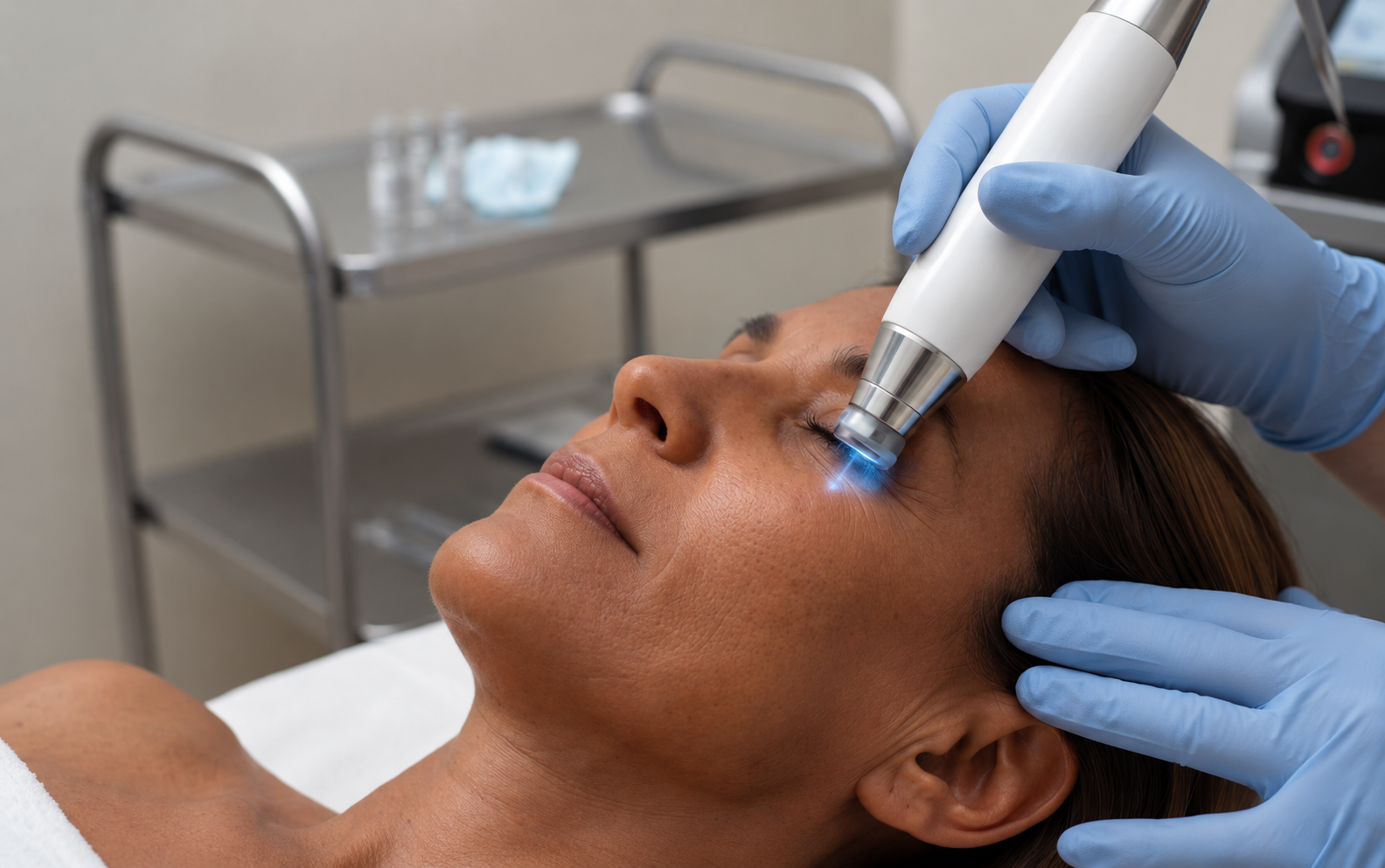 A skin-firming device being applied near a patient's eye area