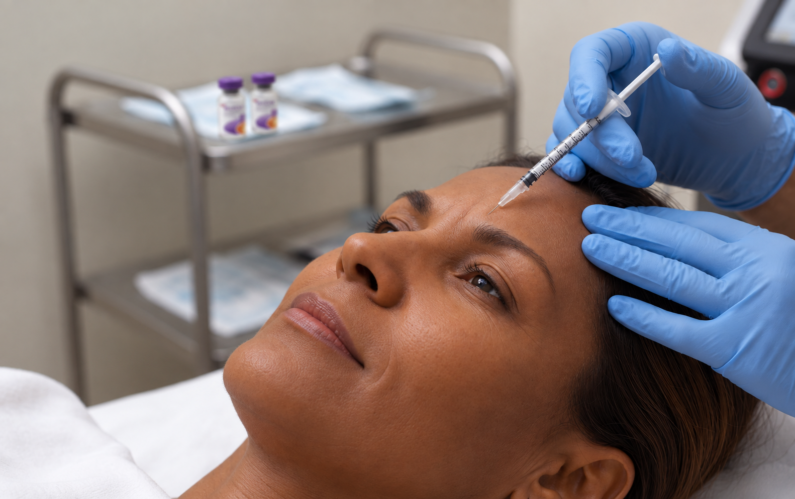 A Botox injection being administered to a patient's forehead