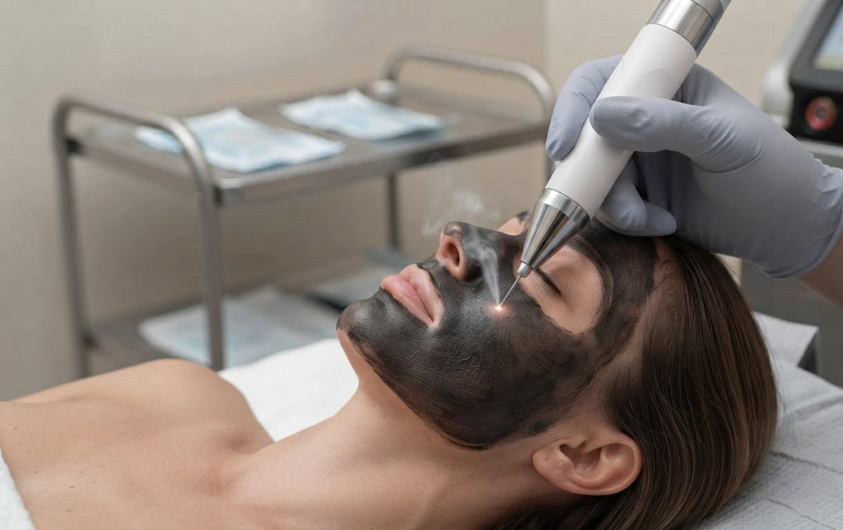 A laser being used to treat a patient's face covered in a carbon mask