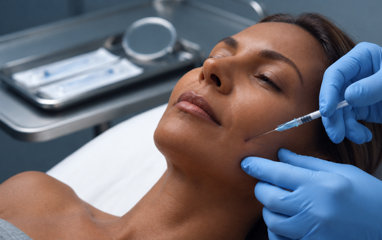 A thread visible extending from a needle into a patient's cheek during a face thread treatment