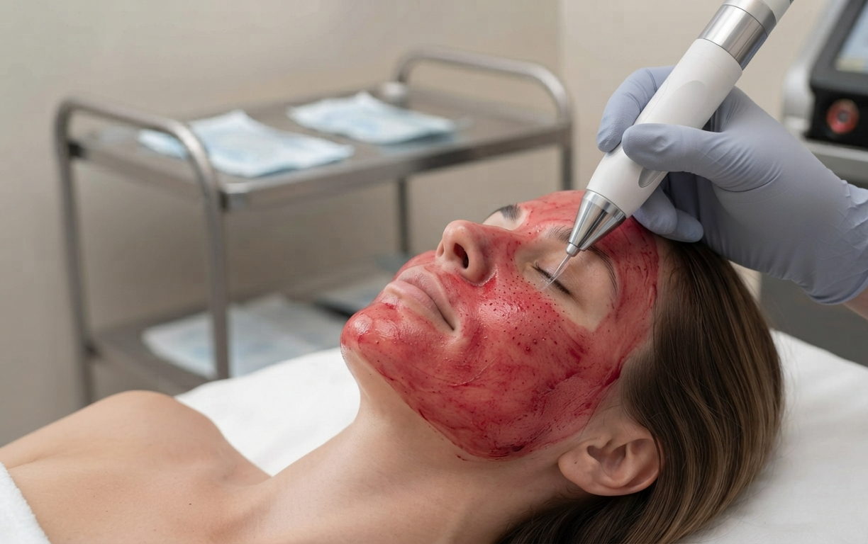 A microneedling pen being used on a patient's face covered in PRP