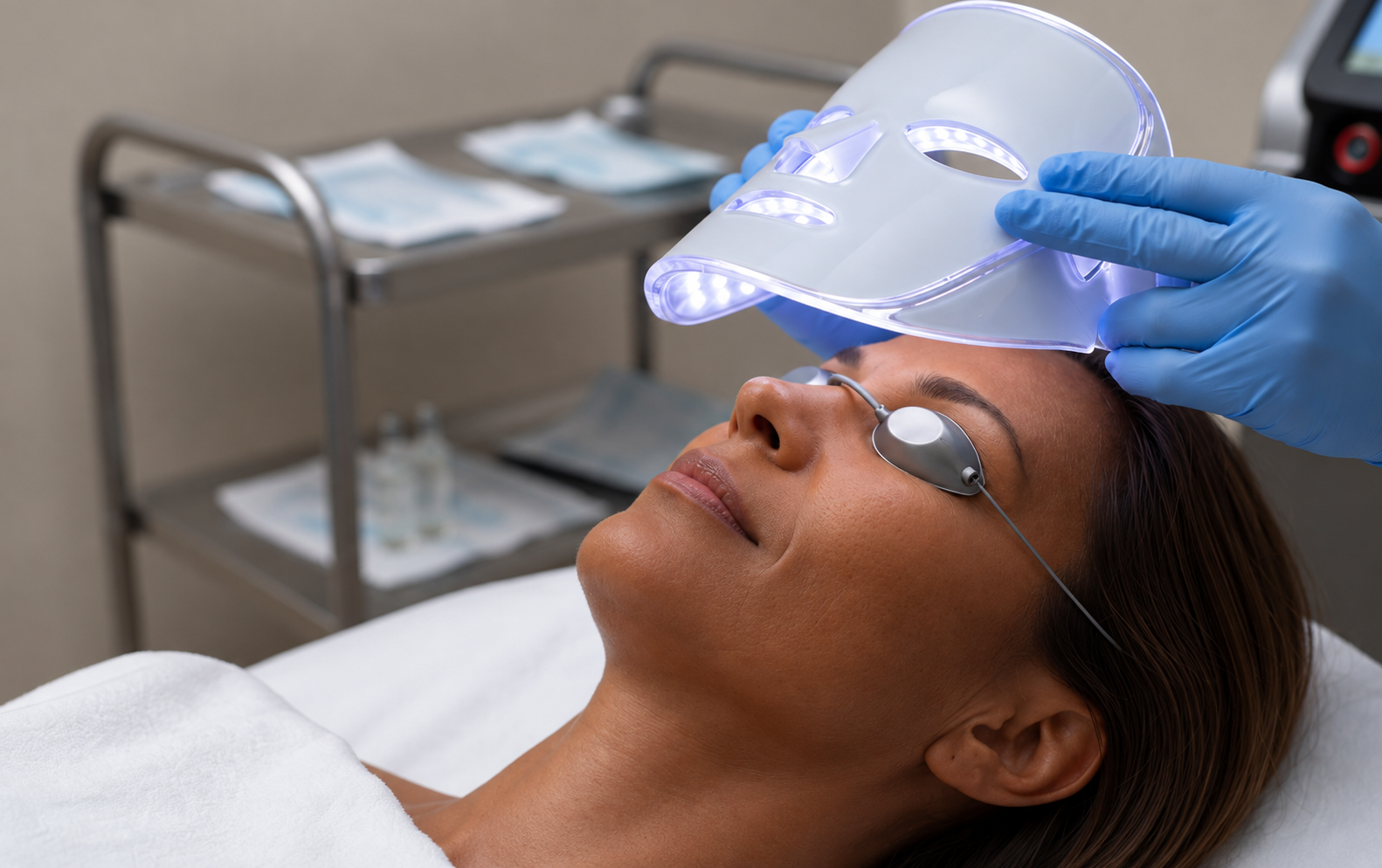 An LED light-therapy mask being held over a patient's face