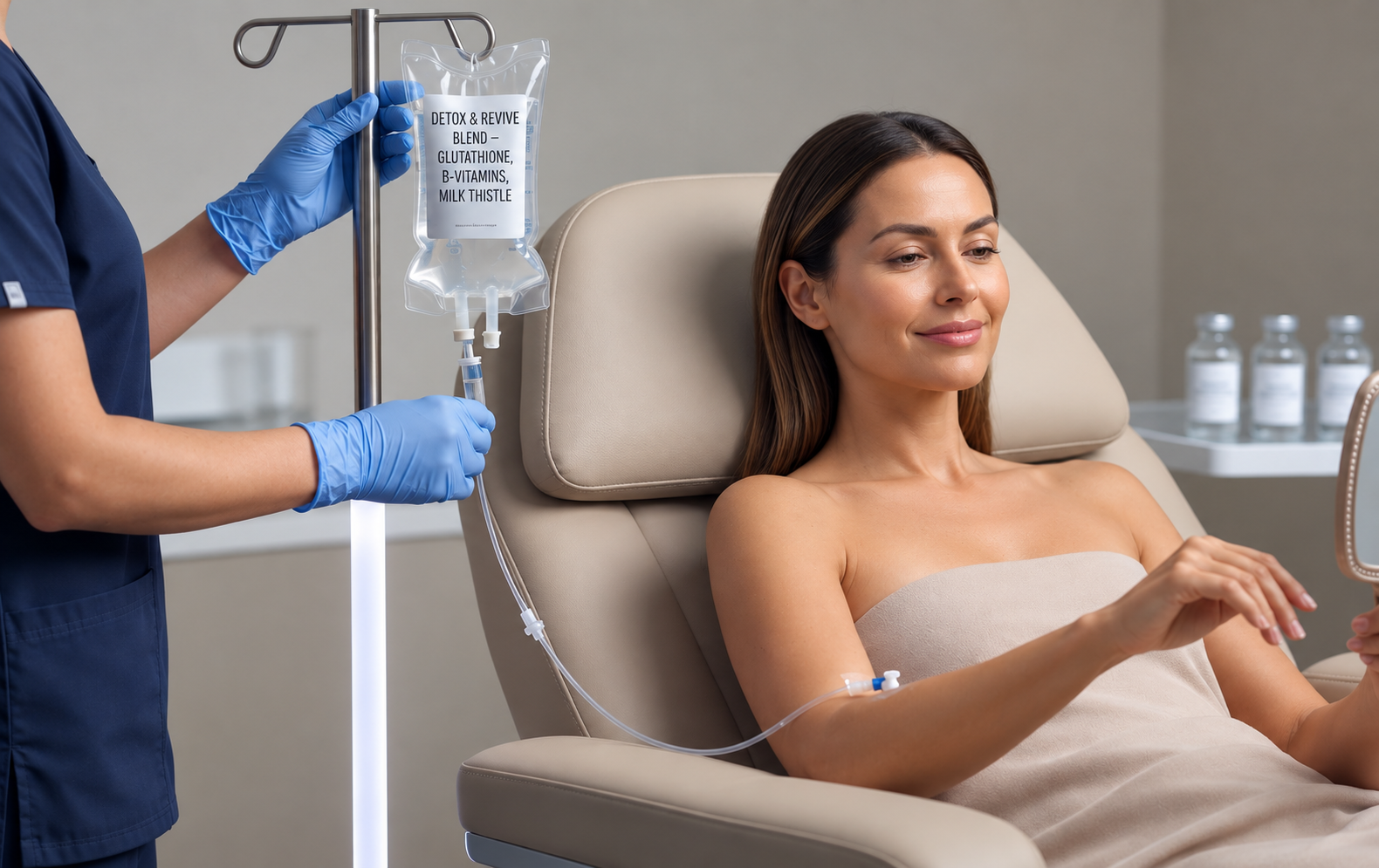 An IV bag labeled "Detox & Revive Blend" beside a patient receiving an infusion