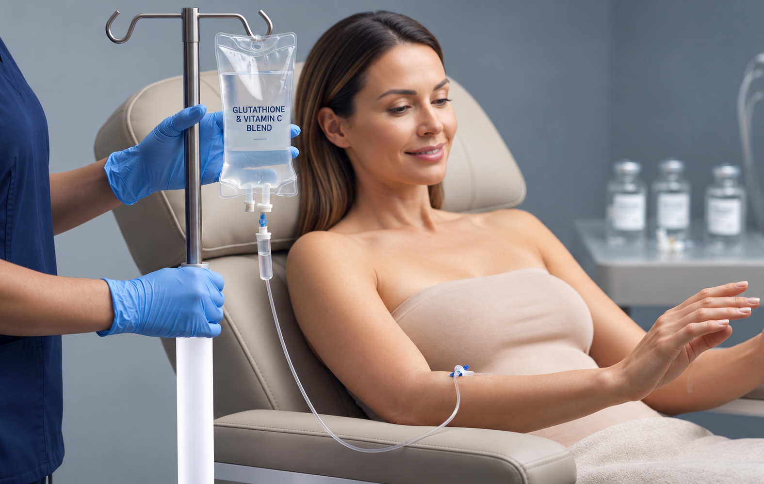 An IV bag labeled "Glutathione & Vitamin C Blend" beside a patient receiving an infusion