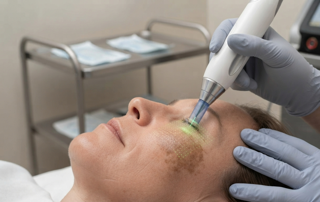 A laser device targeting a patch of facial pigmentation on a patient's cheek