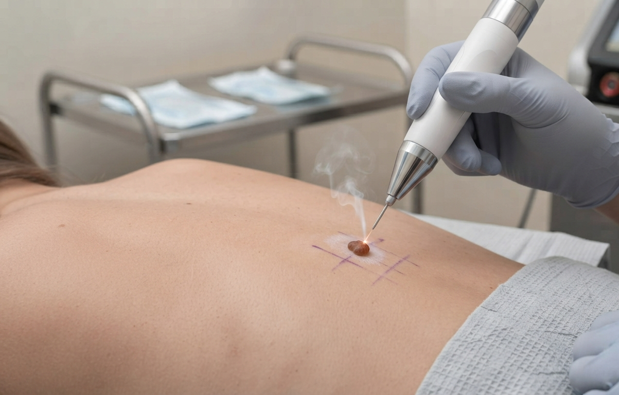 A laser device removing a marked mole on a patient's back