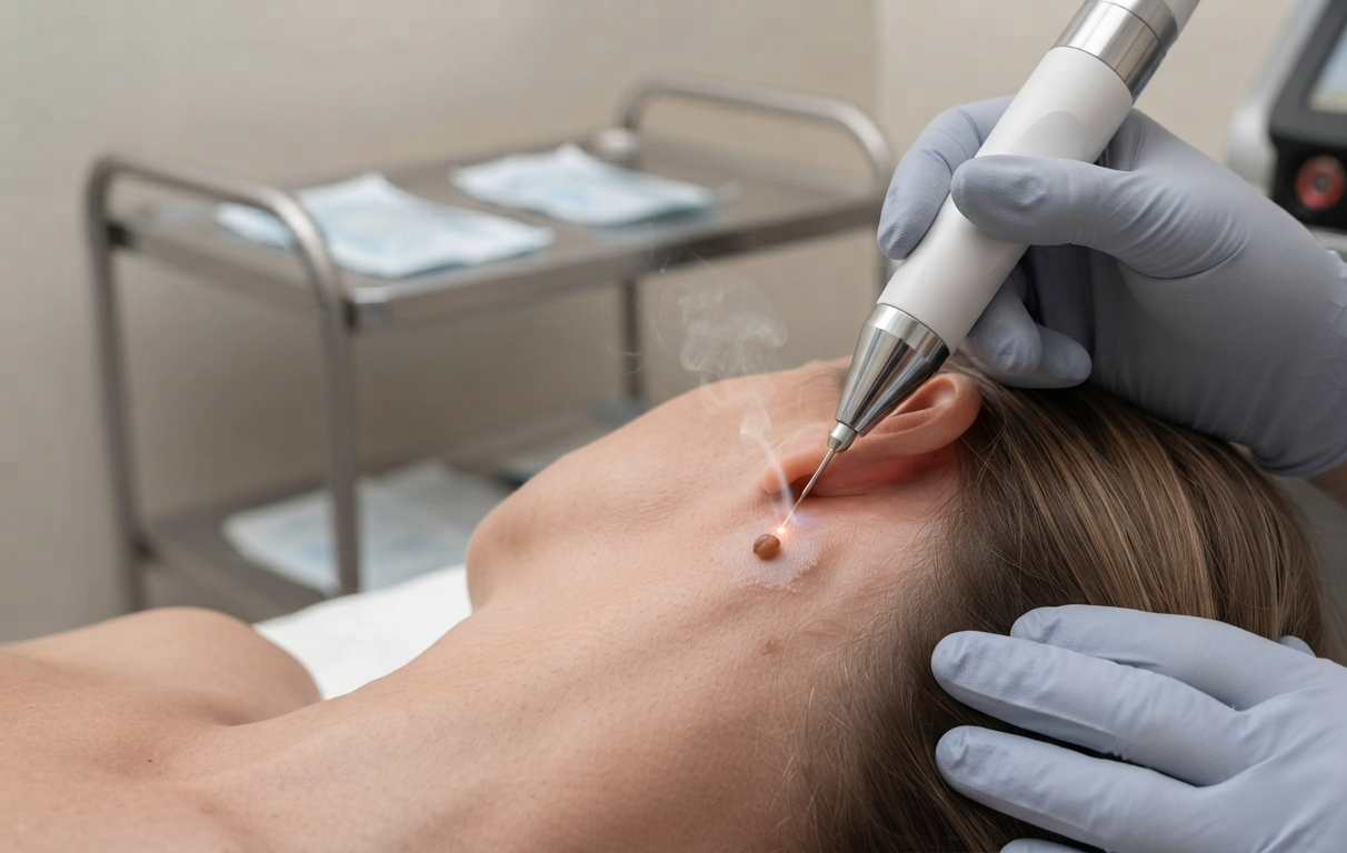 A laser device removing a skin tag on a patient's neck