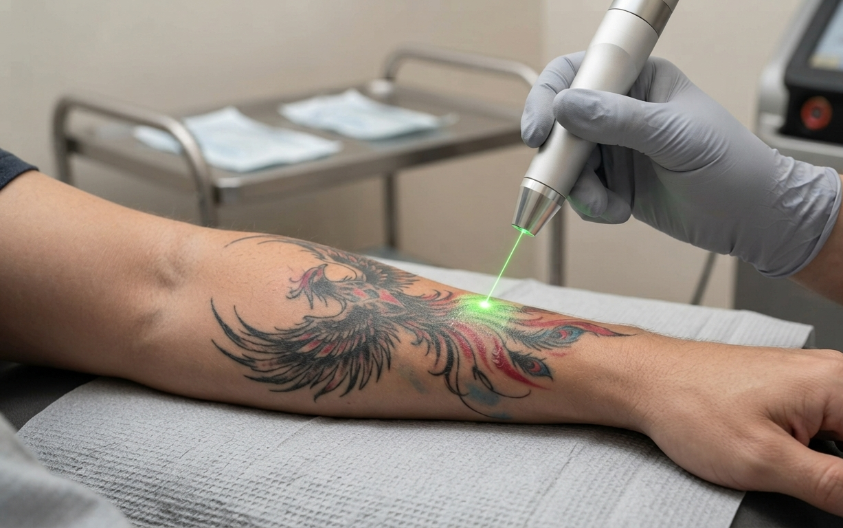 A laser device being used to fade a colorful tattoo on a patient's forearm