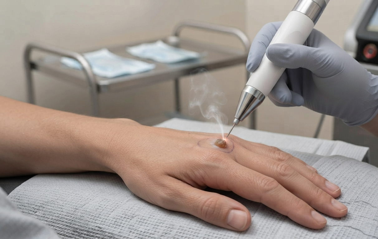 A laser device removing a marked wart on a patient's hand