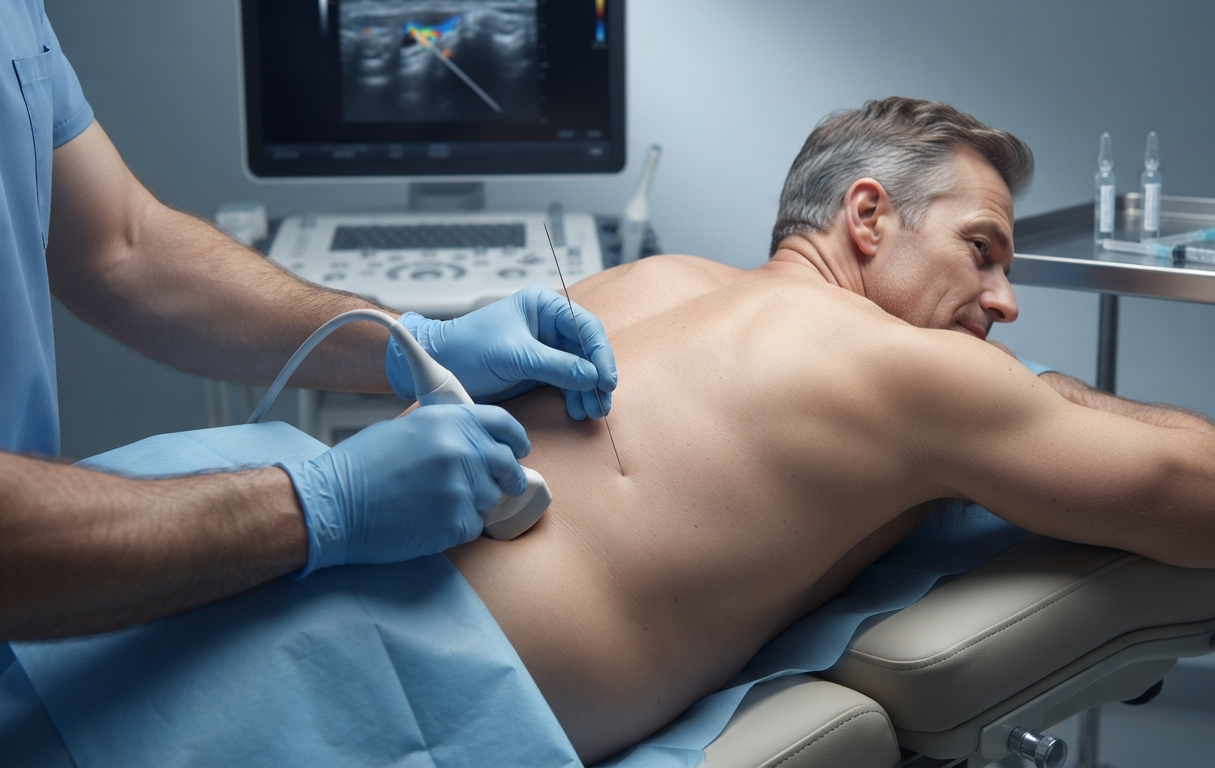 A clinician performing an ultrasound-guided injection into a patient's lower back