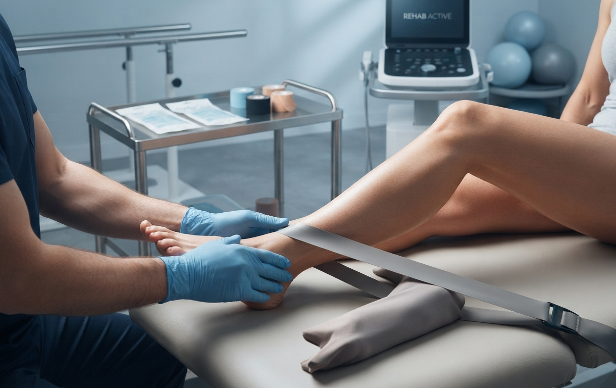 A physiotherapist assisting a patient with an ankle and foot rehabilitation exercise