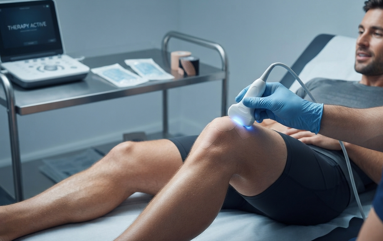A clinician applying a therapy device to an athletic patient's knee during a sports injury assessment